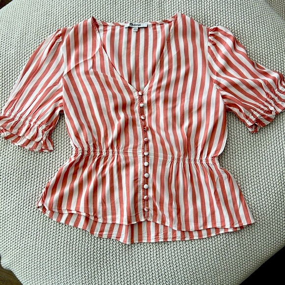 Madewell Pink and white with Peplum Blouse with Puff Sleeves - Picture 4 of 7